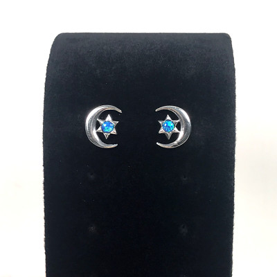 Lab Created Blue Opal & 925 Sterling Silver Stud Earrings Celestial Moon Sun