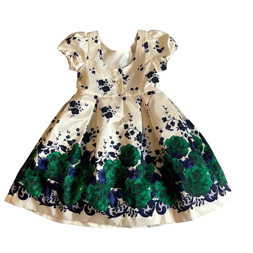 Janie and Jack Ivory, Green Blue Floral Short Sleeve Tulle Full Party Dress, 4 - Image 4 of 4