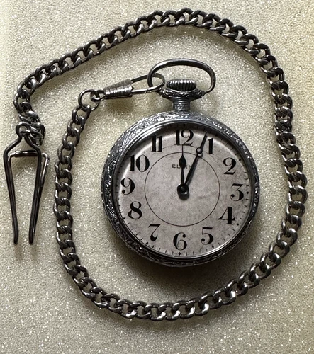 Antique ELGIN Open Face Pocket Watch w/Chain Silver, Arabic Numerals WORKS 1900s
