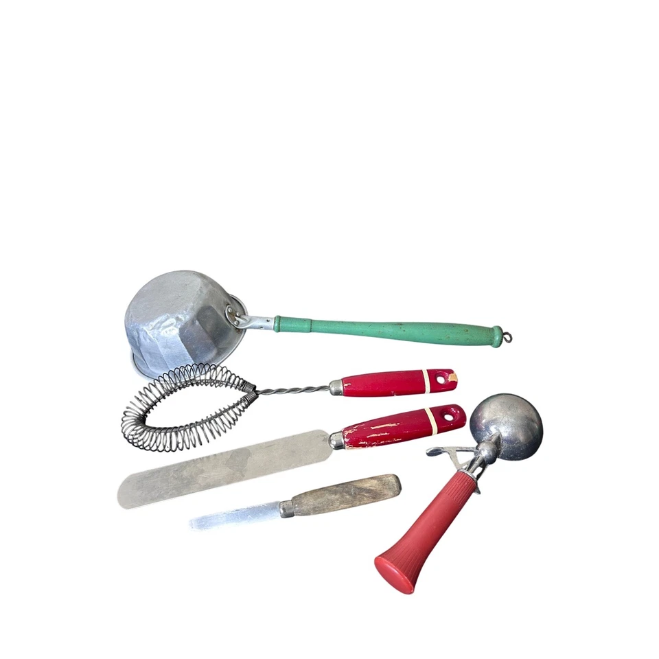 Juego de utensilios de cocina vintage cuchara de helado batidor espátula cucharón mango rojo 5 piezas Foto 4 de 4