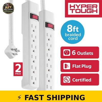 Hyper Tough 6-Outlet Power Strip with 8 ft Braided Cord - White, 2-Pack