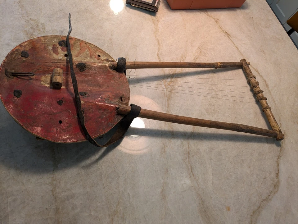 Vintage Rare African Lyre Instrument, Animal Hide And Mercedes Hub Cap Tribal - Image 2 of 4