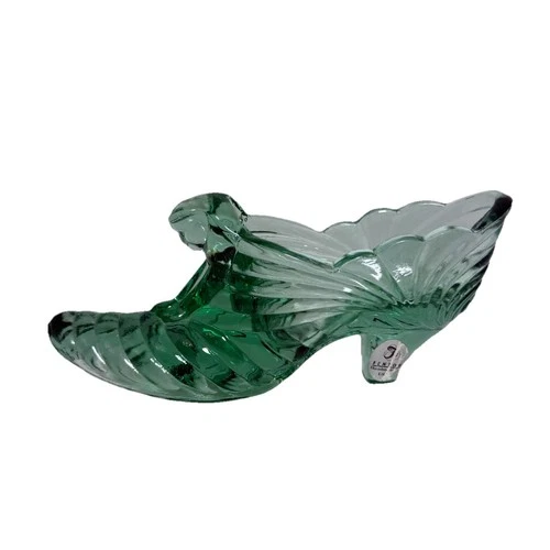 Vintage Fenton Glass Green Art Glass Shoe Cat Head Princess Slipper Victorian