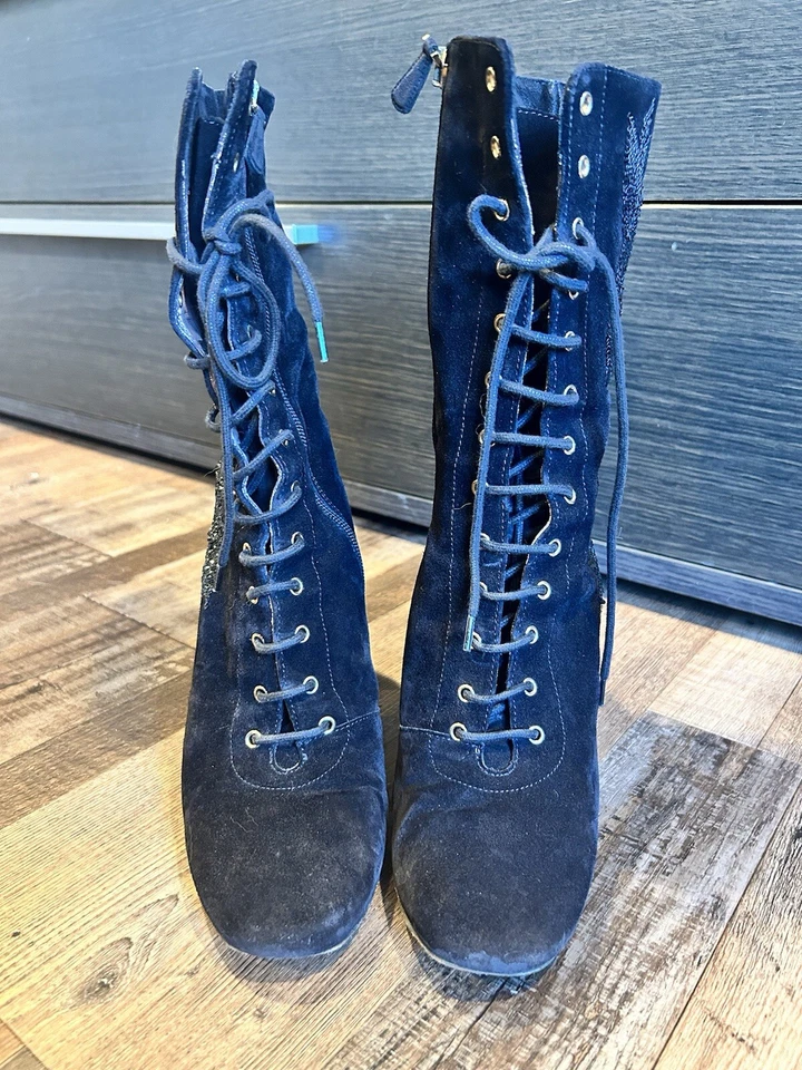 Red Valentino Suede Sequin Lace Up Boots Heels Black 40 $995 - Image 2 of 4