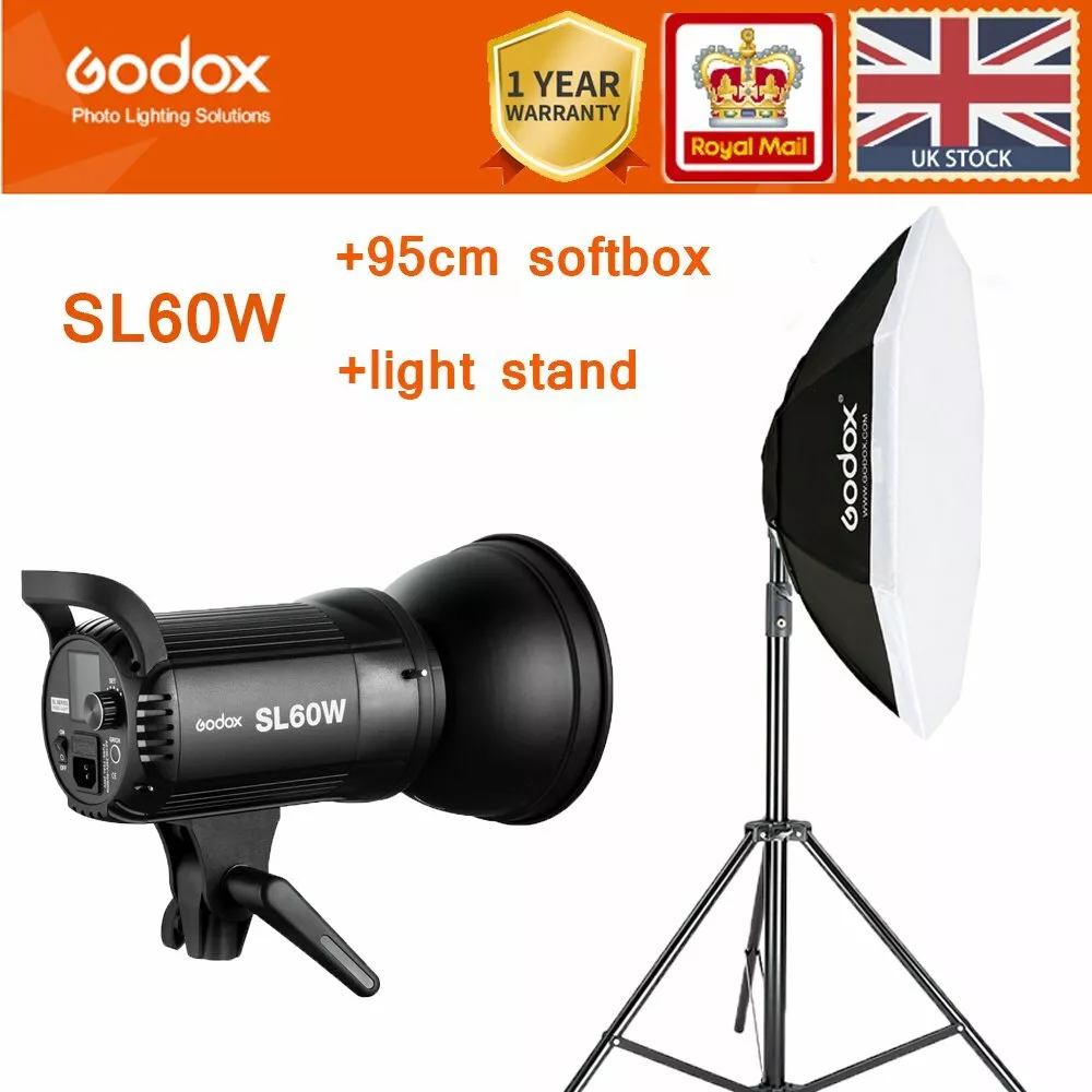 UK Godox SL60W 5600K LED Video light Lampe+95cm SB-BW Softbox+2m light  stand kit