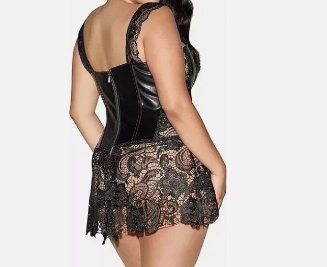 DREAMGIRL BEYONCE BLACK FAUX LEATHER & VENICE LACE CORSET, BUSTIER DRESS(SZ: 44) - Image 2 of 4