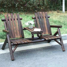 Outdoor Wood Adirondack Bench Chair with Center Table Rustic Patio Loveseat