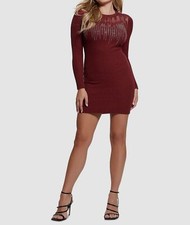 Guess Women's Red Rhinestone Mesh Round Neck Long Sleeve Sweater Dress Size S