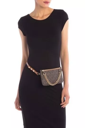 Michael Kors Pull Chain Size Large Belt Bag Brown Tan Signature