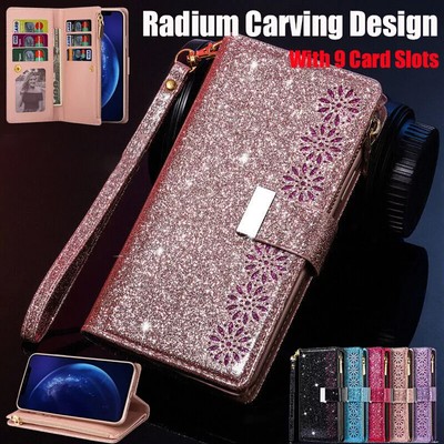 Leder Für Samsung S25 S24 S23 Ultra A54 A16 A55 Glitzer Handy Tasche Flip Hülle