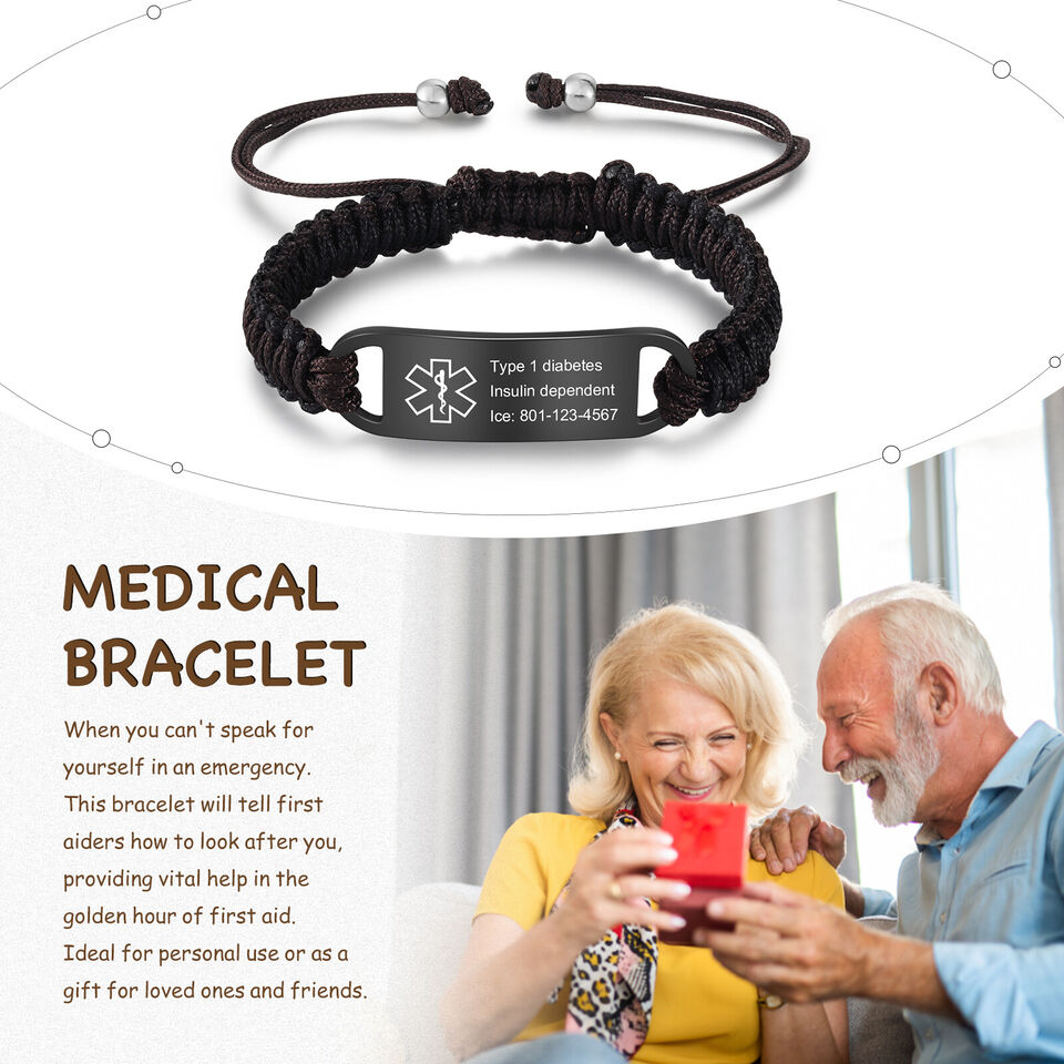 Mens Adjustable Braid Medical Alert Bracelet Personalized Emergency ...