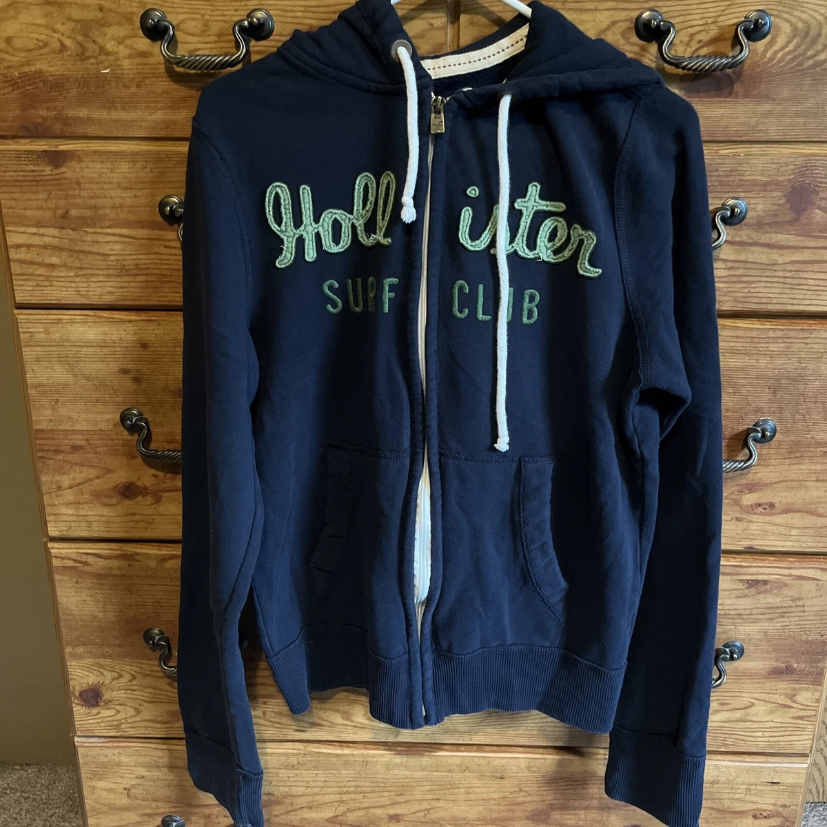 WOMEN'S HOLLISTER COTTON FULL ZIP NAVY BLUE LOGO HOODIE with 2 Pockets , M  SIZE