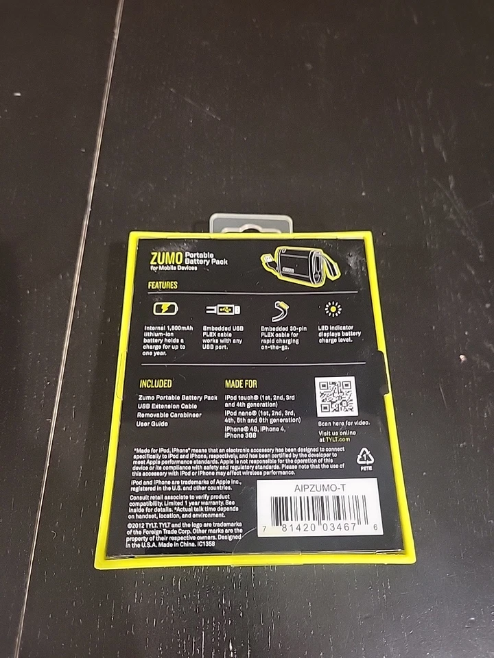 TYLT Zumo Portable Battery Pack 1500mAh Power Bank 30-Pin For iPod iPhone 4 4s - Image 2 of 2