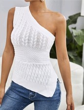 One Shoulder White Cable Knit Shirt