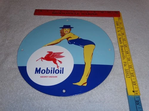 VINTAGE MOBIL MOBILOIL +MARILYN MONROE 11 3/4" PORCELAIN METAL GASOLINE OIL SIGN
