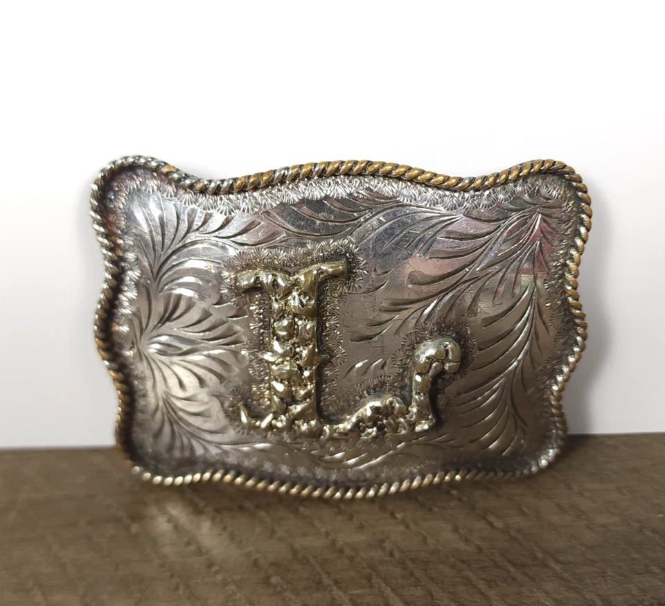 Hebilla de cinturón occidental chapada en oro plata letra inicial L vintage Foto 2 de 4