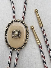 Vintage 1980s Patriotic Red White Blue Eagle Bolo Tie Gold Tone Western Necktie