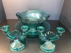 1930s-40s Jannette Aquamarine Blue Swirl Depression Glass Console Set & Platter