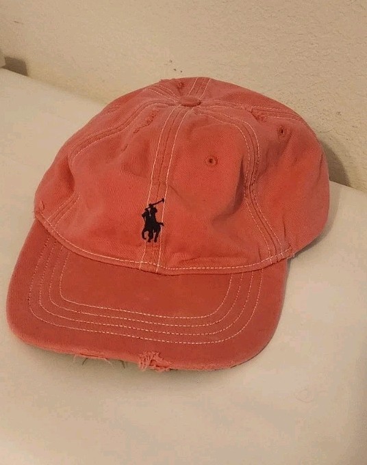 Cappello vintage Polo Ralph Lauren salmone cinturino in pelle schiena pony casual outdoor berretto