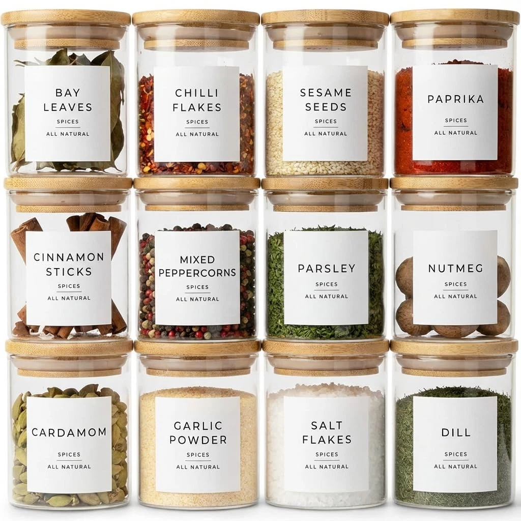 Glass Spice Jars with Labels-12 Pack- 6.8oz- 360 Labels- Spice Containers wit...