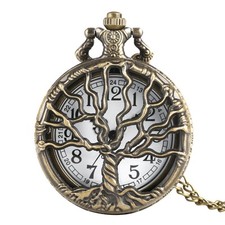 Old Fashion Hollow-out Tree Cover Unisex Quartz Pocket Watch with Necklace Chain