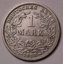 1896 G Germany 1 Mark Silver Coin KM# 14 Mintage 243k