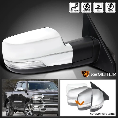 Right Side Fits 2019-2024 Dodge Ram 1500 Chrome Power Fold Heated Mirror+Puddle
