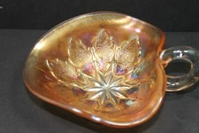 Vintage Dugan Glass Marigold Carnival Leaf Shaped Nappy Dish with Handle
