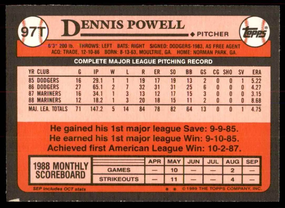 1989 TOPPS TRADED DENNIS POWELL SEATTLE MARINERS #97T - Image 2 of 2