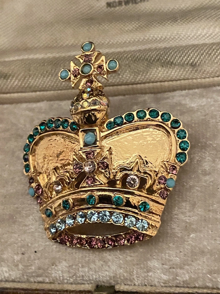 Vintage Butler Wilson Crown Brooch Turquoise Green Amethyst Signed .Rare