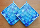 Set of 2 Handmade Artisan Woven Loomed Blue Ombre Potholders Hot Pads Trivets