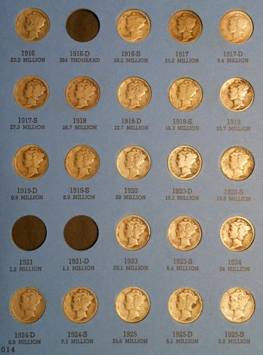 ALMOST COMPLETE COLLECTION OF 74 1916-1945 90% SILVER MERCURY DIMES ALBUM SET