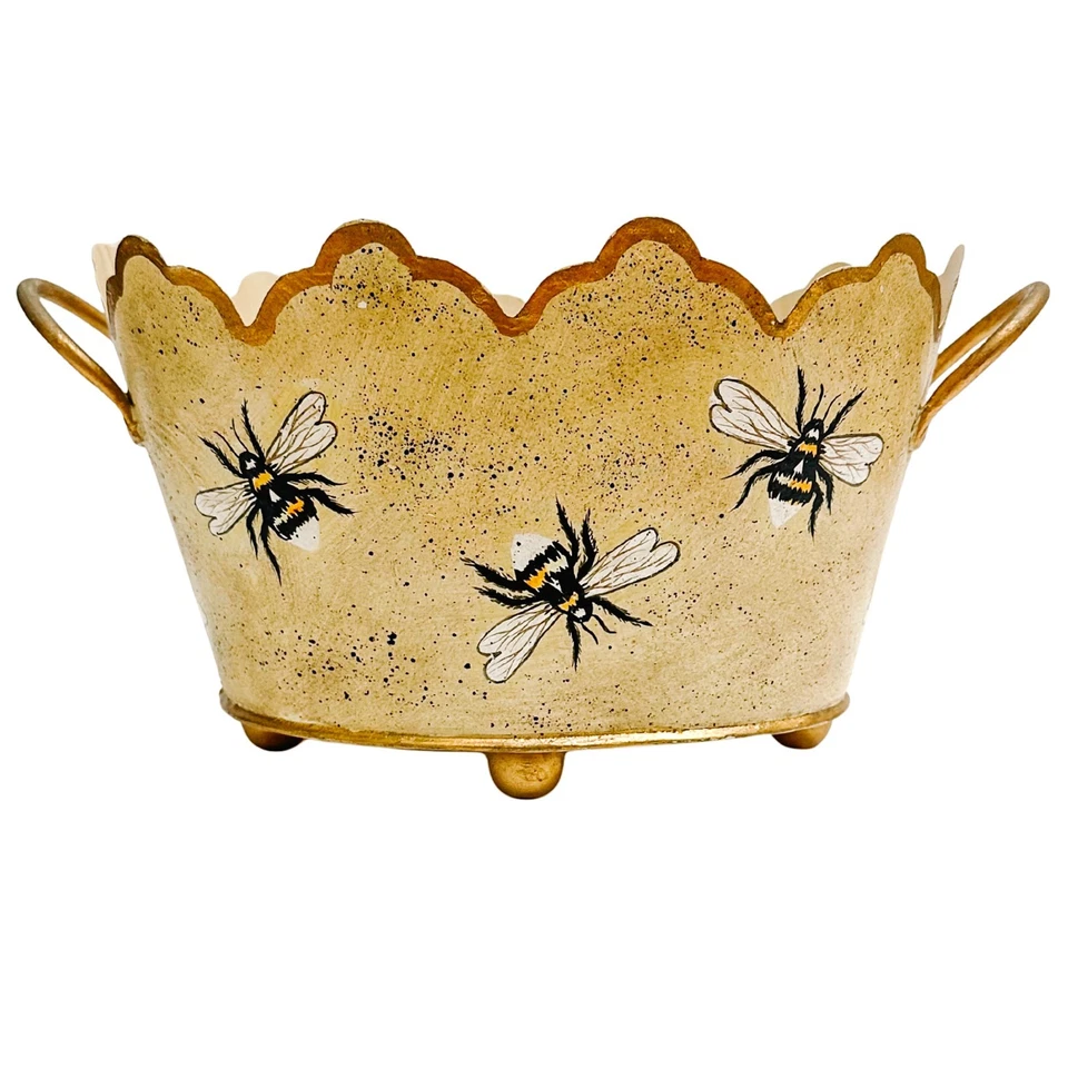Vintage Gold French Country Tole Cachepot With Bees 12.5"L Jardiniere Planter - Image 1 of 4