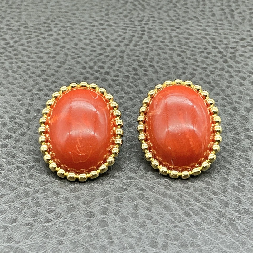 Pendientes Monet Clip Ovalados Naranja Cabujón Tono Dorado Cuentas Clásicos 1.25" Foto 2 de 4