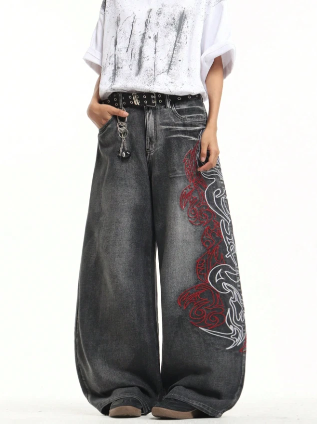 🔥 EXTREME Baggy Wide Leg Jeans Grau - Y2K Streetwear Jeans Hose mit Rot - Bild 4 von 4