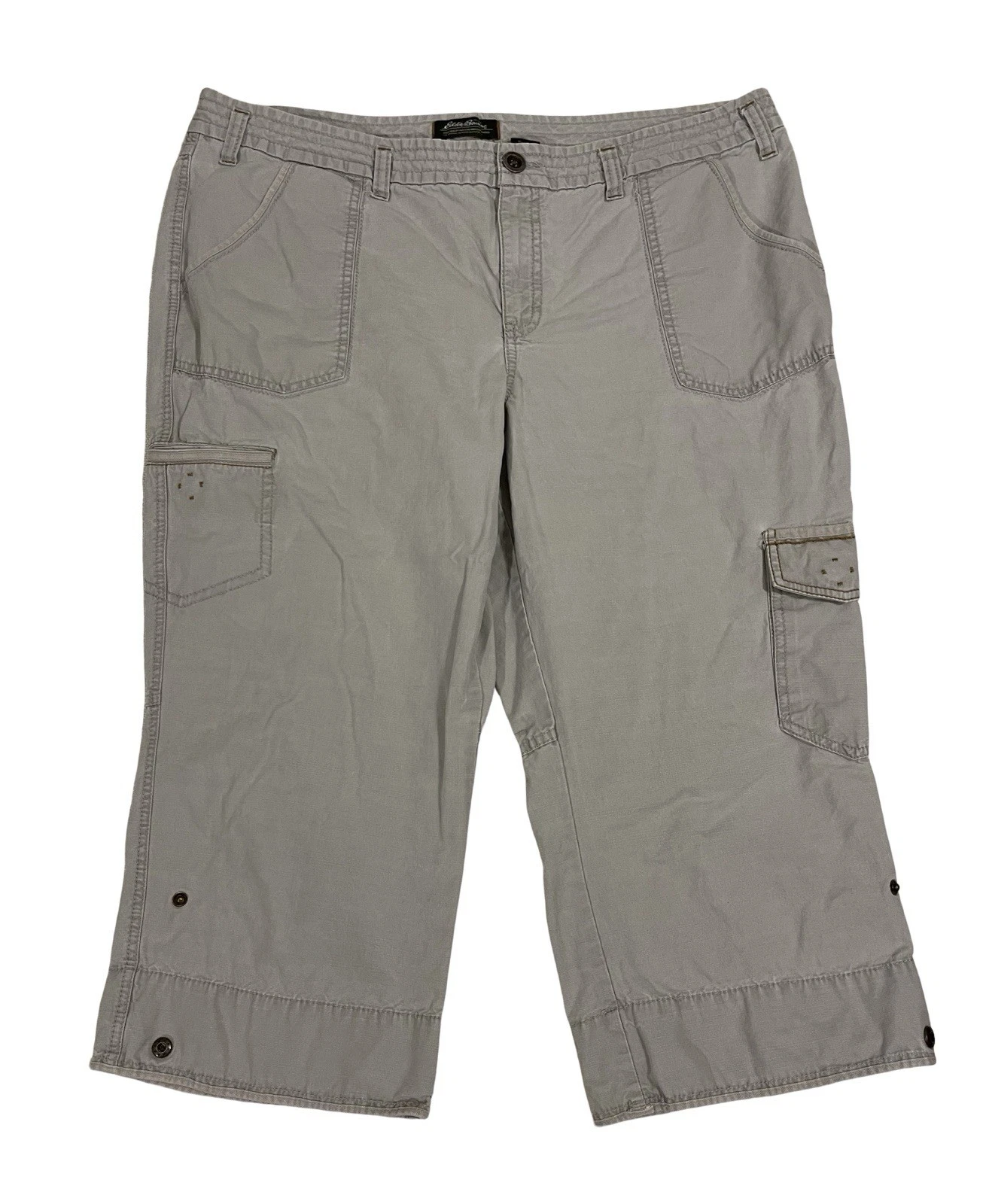EDDIE BAUER Gray Capri Pants Zip Fly Cargo Pockets Snap Hem Women's Size 18
Opens in a new window or