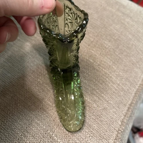 Vintage Fenton Green Glass Daisy & Button Pattern Boot Shoe 4 1/4” Christmas