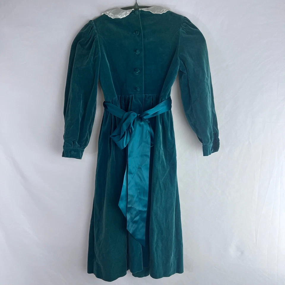Vintage Laura Ashley Madre e Niño Terciopelo Manga Larga Blet Verde Niña Talla 7-8 Foto 2 de 4