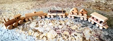1970s  Solid Wood Toy Train Handcrafted 5-Piece Train Set & Matching Truck