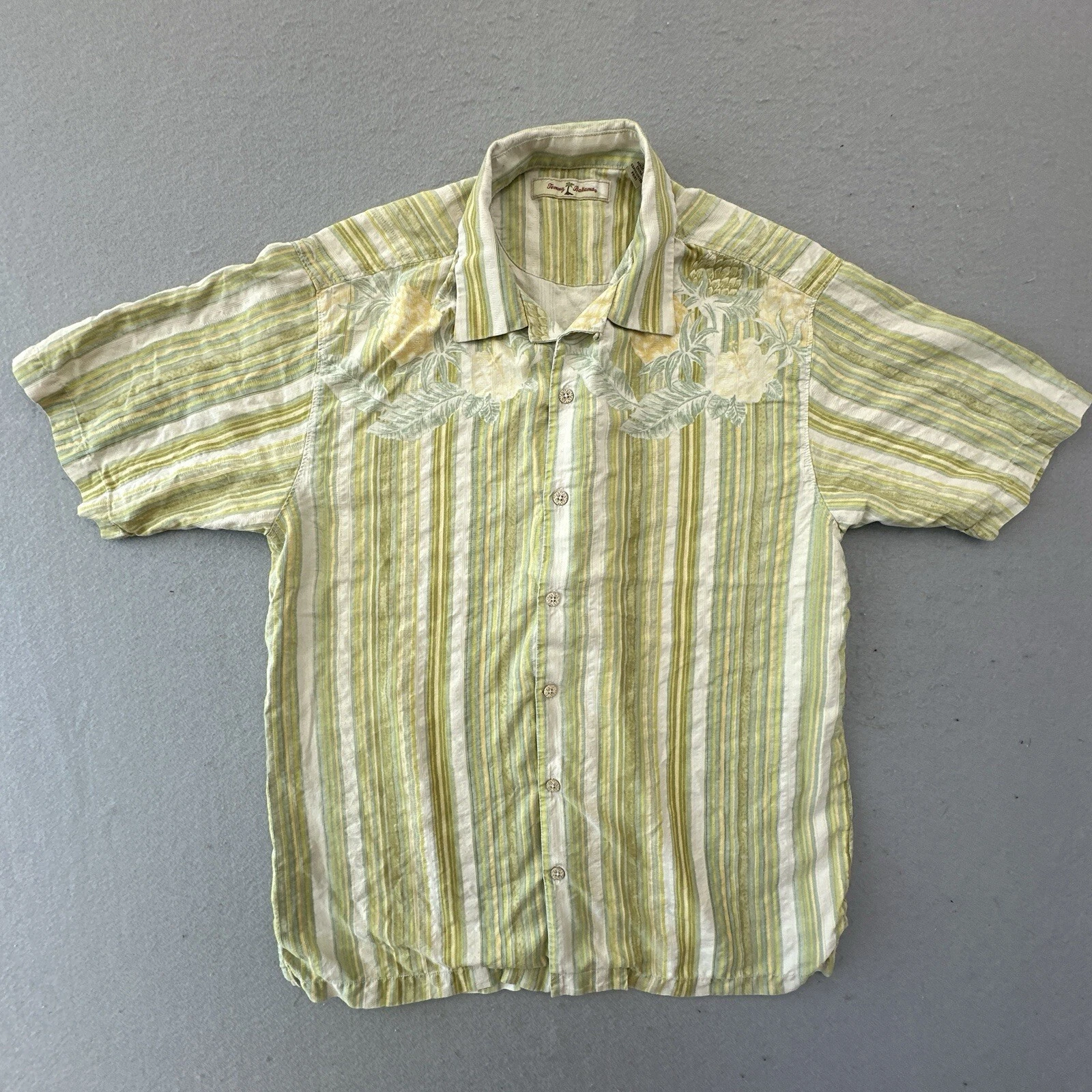 Tommy Bahama Shirt Mens Large Green Striped Pineapples Silk Hawaiian Tropical