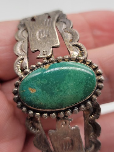Vintage Fred Harvey Era Navajo Sterling Green Turquoise Thunderbird Bracelet - Picture 7 of 11