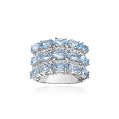 Sterling Silver Blue Topaz Oval Triple Row Wide Fashion Statement Ring, Size 7