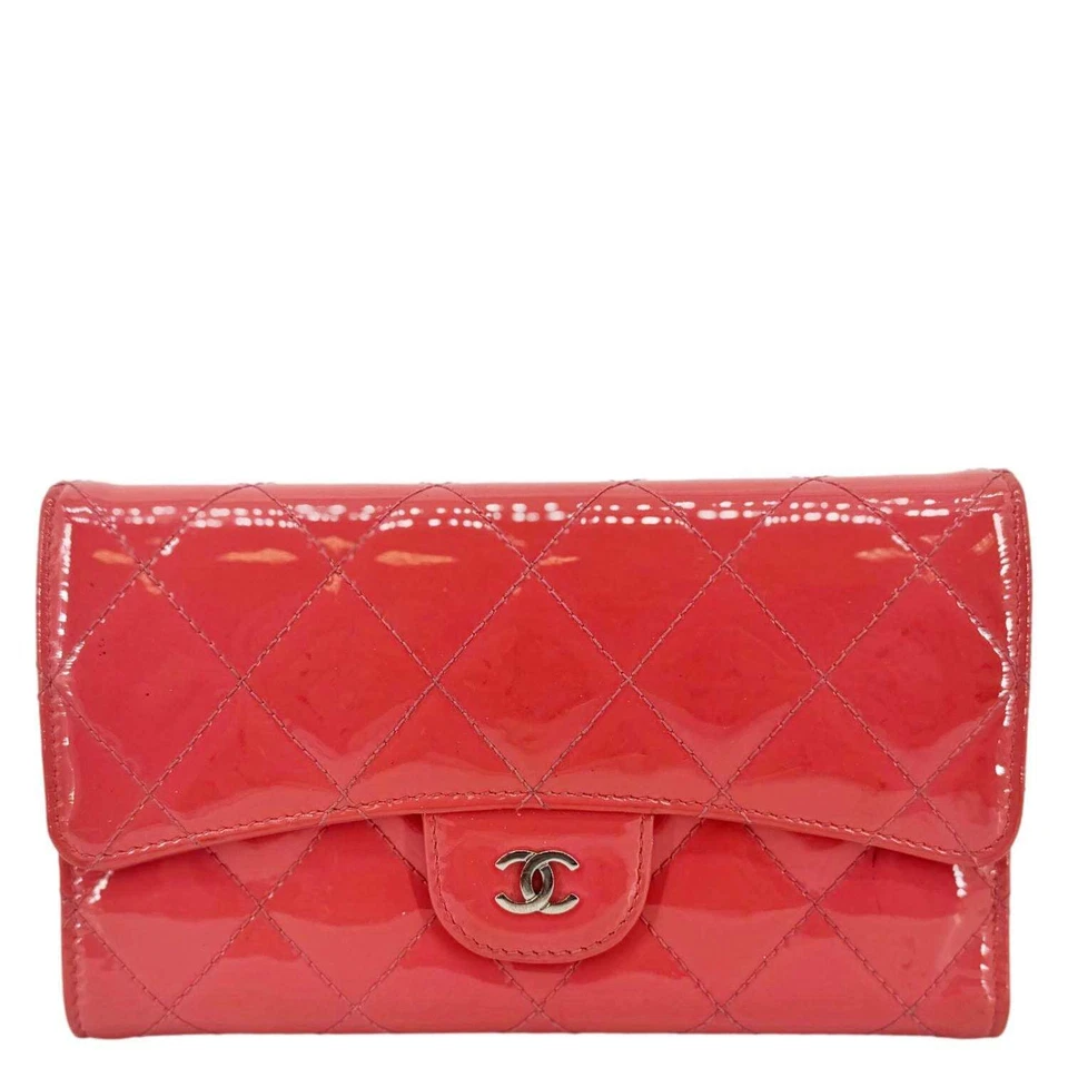 CHANEL Quilted Patent Leather Long Wallet Pink