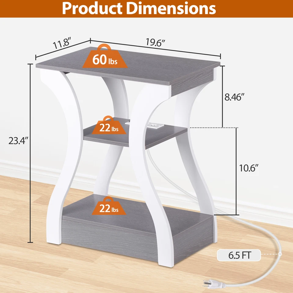 Side Table 3 Tier End Table w/ Outlets for Living Room Bedroom Office Hallway - Image 2 of 4
