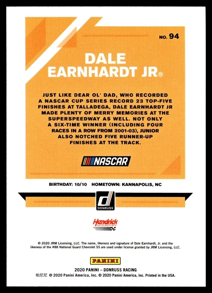 2020 Donruss #94 Silver Dale Earnhardt Jr. - Image 2 of 2