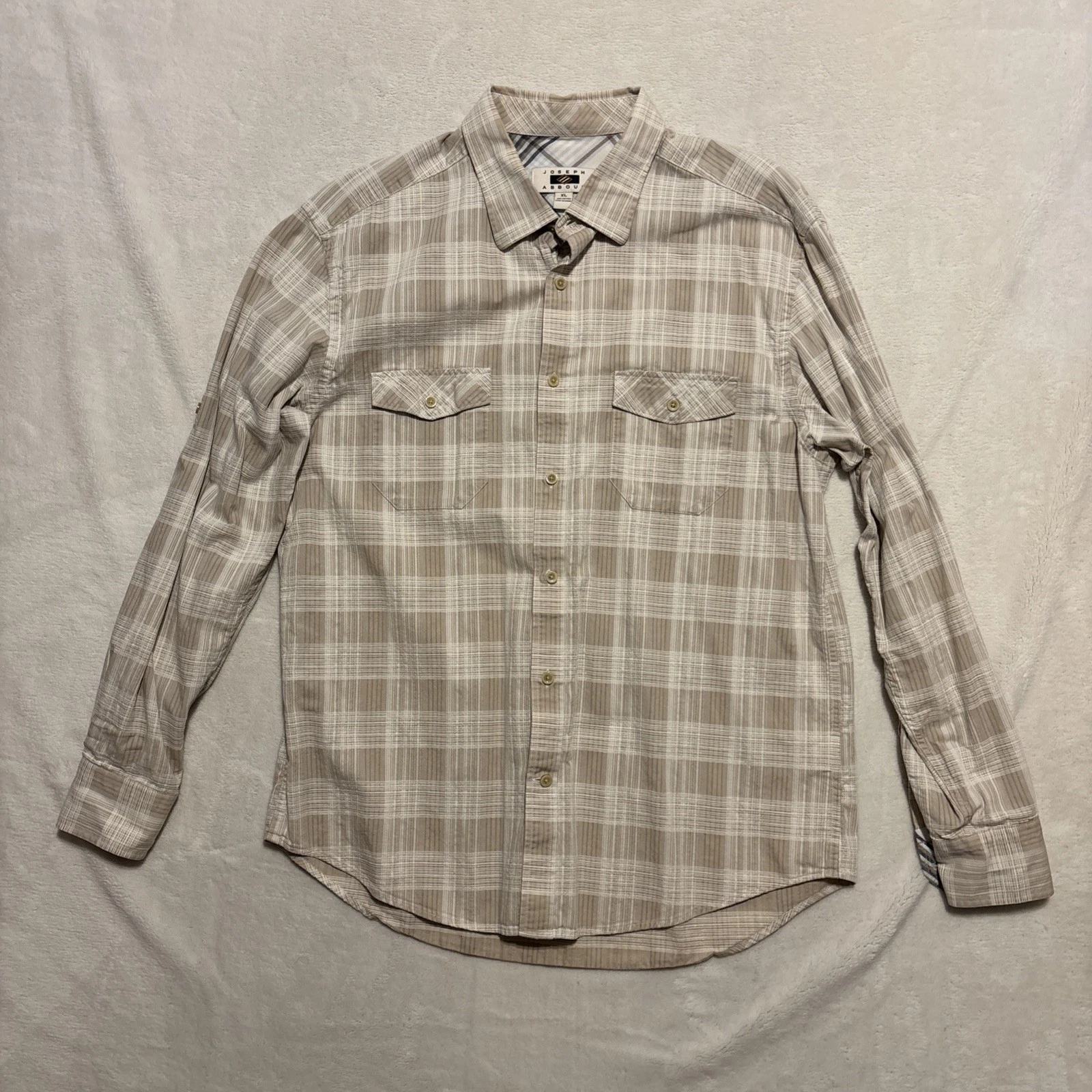 Joseph Abboud Button Shirt Mens XL Roll Tab Long Sleeve Tan Plaid Cotton