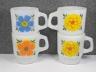 (4) Vintage Anchor Hocking Yellow Orange Blue Flower Mugs Cups Milk Glass