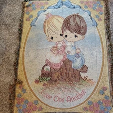 Vtg Precious Moments Love One Another Tapestry Blanket Kids Stump 90s Y2K 56x42"