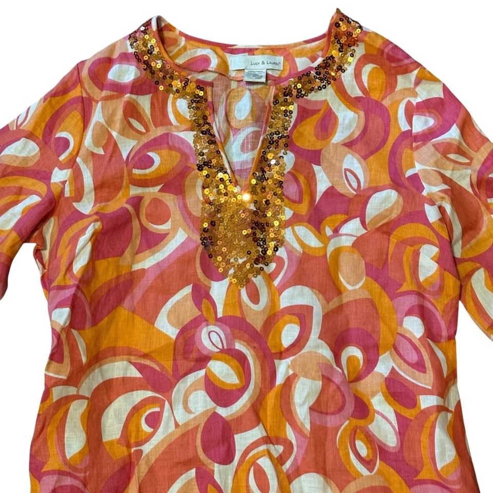 Top para mujer Lucy & Laurel 100 % lino talla mediana estampado geométrico escote lentejuelas Foto 3 de 4