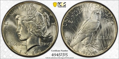 1928 PEACE  DOLLAR  PCGS MS62 - White Blazer Original Mint Luster -Lowest Minted